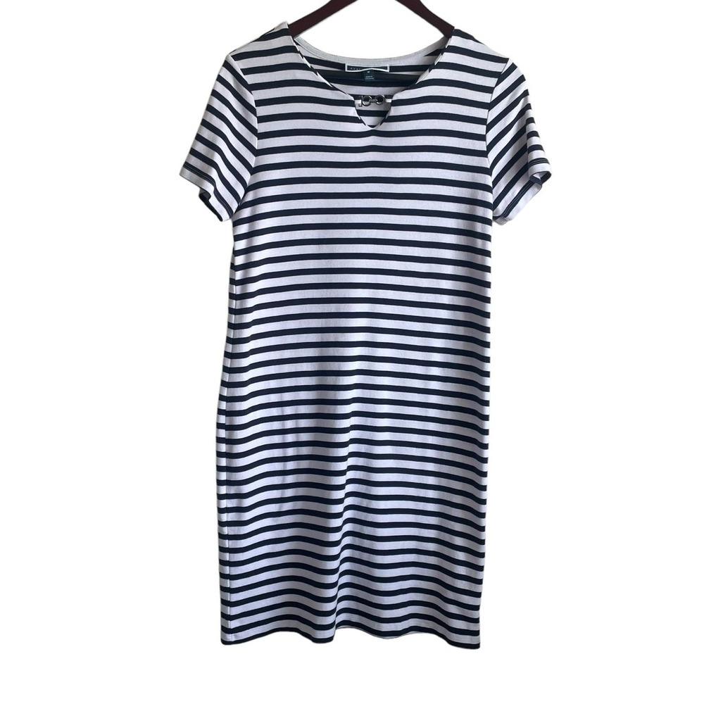 Karen Scott Women T-shirt Dress Navy Striped M Blue White Casual Preppy Coastal
